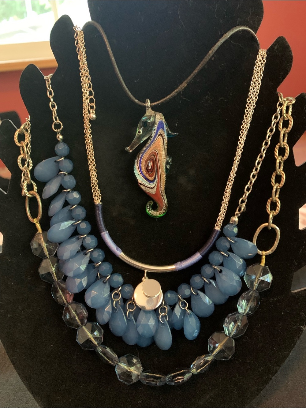 Blue Multi-Strand Statement Necklace with Seahorse Pendant